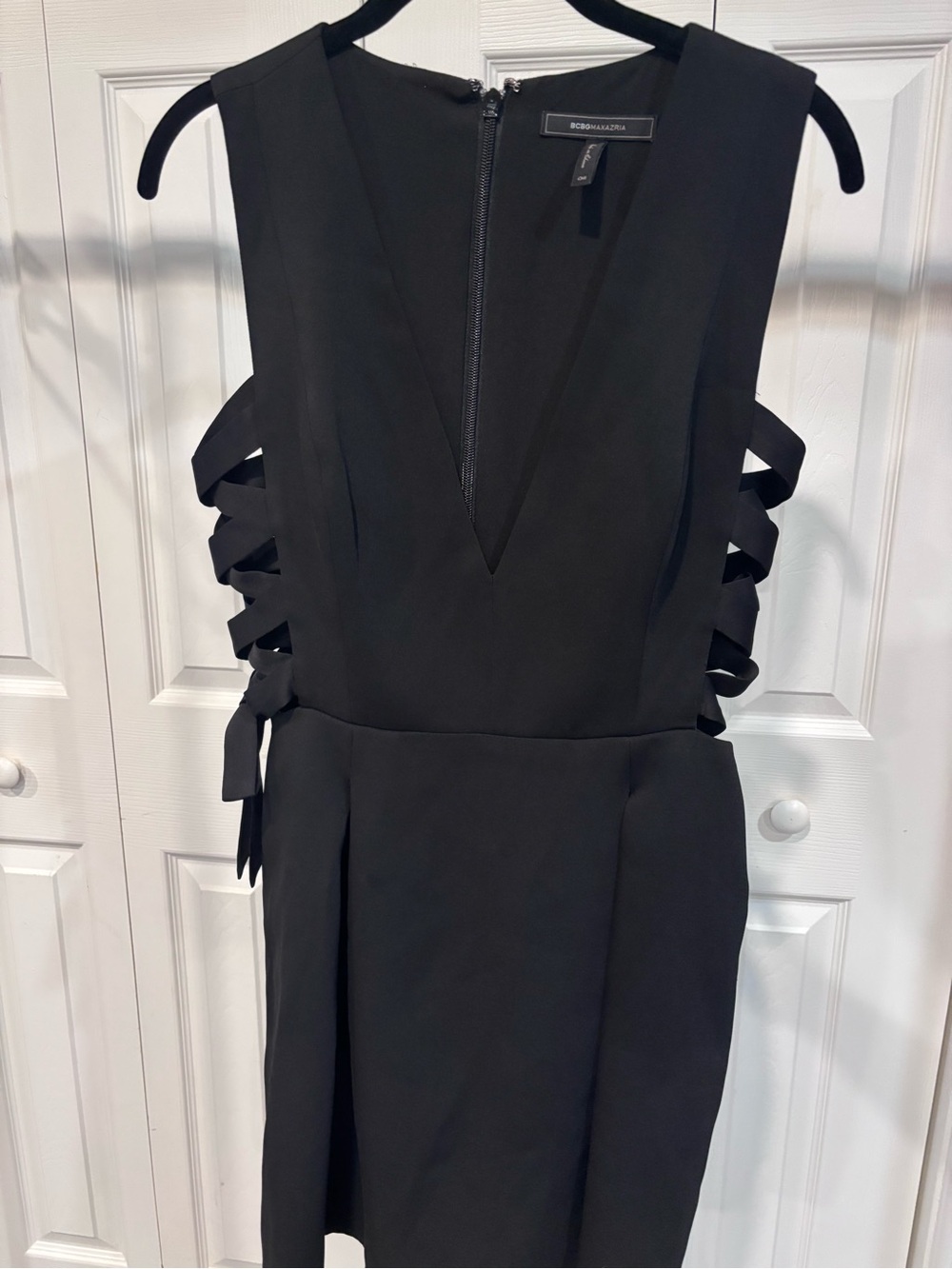 BCBGMaxAzria Sleeveless Black Deep V Dress with Lace Up Corset Sides
